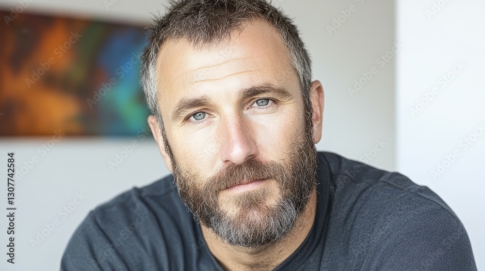 Obraz premium A man with short, graying hair and a full beard gazes directly at the viewer. He appears relaxed, showcasing a calm demeanor. Soft, natural light highlights his facial features
