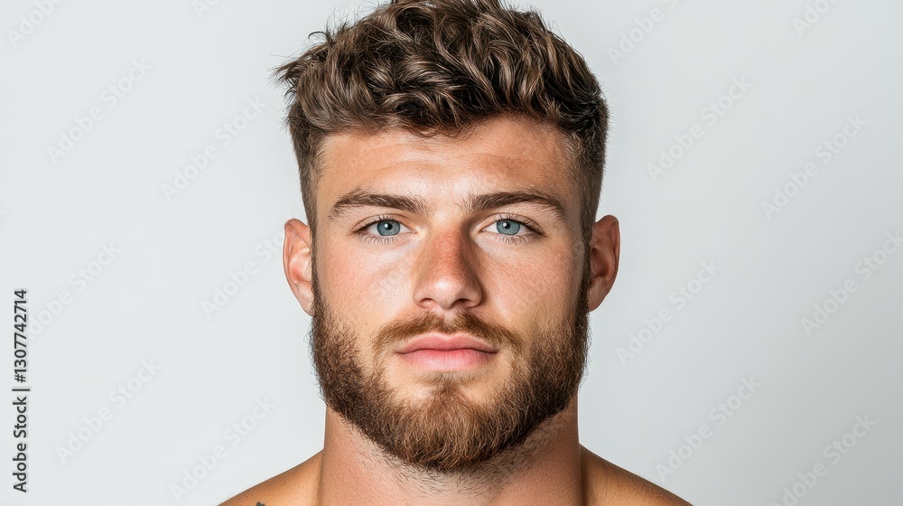 Obraz premium A young man stands confidently with a neutral expression, focusing on his well-defined features, including a beard and striking blue eyes, against a simple background