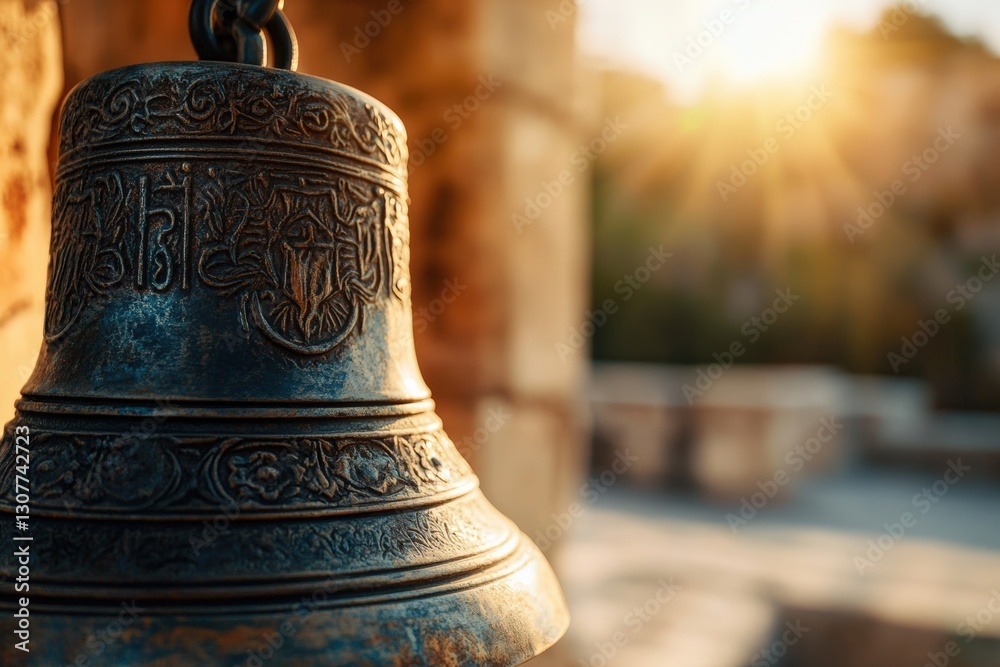 Intricate details of a historic bell in sunlit ambiance Intricate details of a historic bell in sunlit ambiance