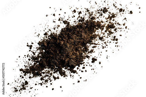 Dirt scattered, soil pile flying placed on white or transparent background, top view photo