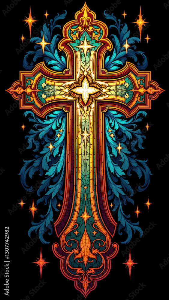 Fototapeta premium Colorful, ornate Christian cross art with decorative frame.