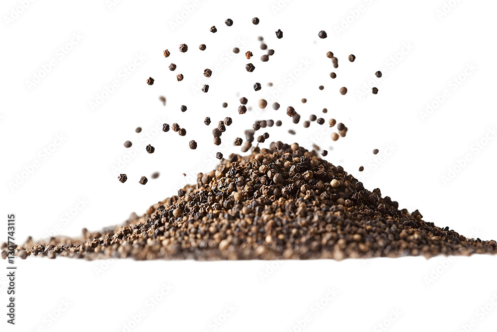 Minced black pepper, ground peppercorn pile flying isolated on white or transparent background Minced black pepper, ground peppercorn pile flying isolated on white or transparent background