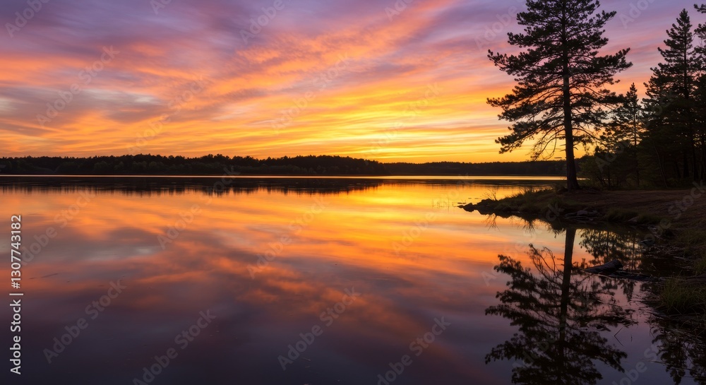 Fototapeta premium Serene Sunset Lake Reflection - A tranquil lake reflects a vibrant sunset sky, with a lone pine tree silhouetted on the shore. Peaceful nature scene
