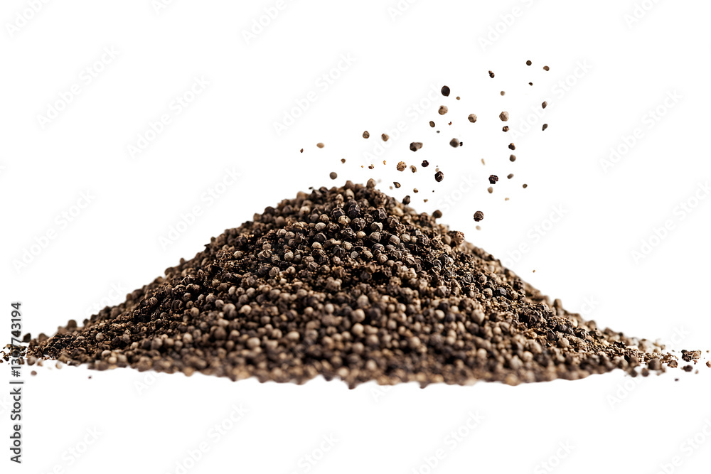 Minced black pepper, ground peppercorn pile flying placed on white or transparent background Minced black pepper, ground peppercorn pile flying placed on white or transparent background