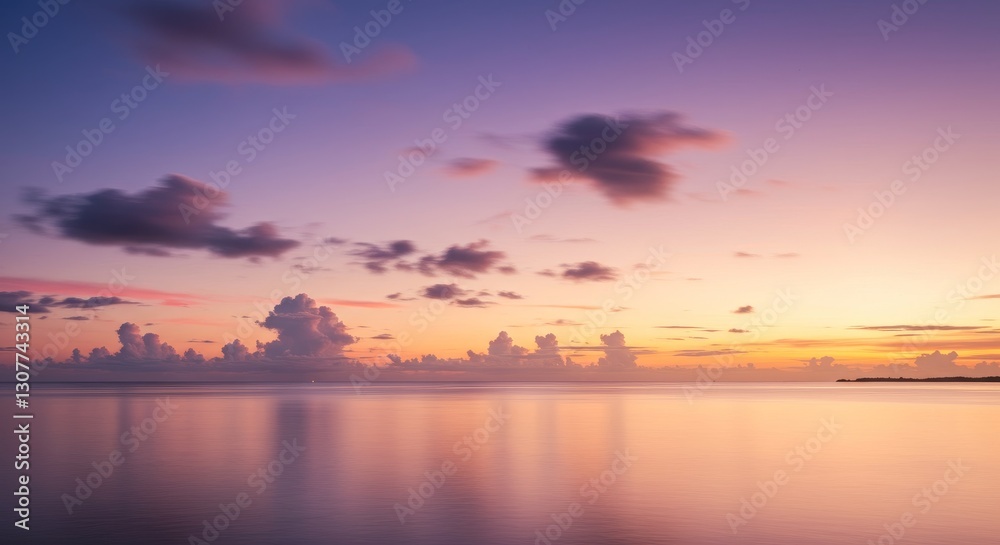 Serene Sunset Ocean Panorama - Peaceful sunset over calm ocean waters, soft fluffy clouds, tranquil scene, serene atmosphere, nature's beauty Serene Sunset Ocean Panorama - Peaceful sunset over calm ocean waters, soft fluffy clouds, tranquil scene, serene atmosphere, nature's beauty