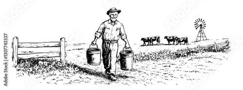 Farmer carries milk cans through a lush pasture with cows and a windmill under a clear sky