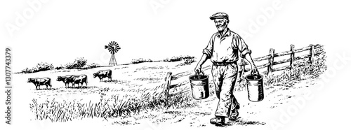 Engraved illustration of a farmer walking home with milk cans at sunset with cows and a windmill in the background