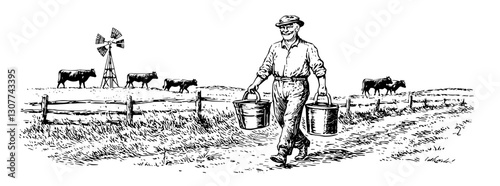 Engraved illustration capturing a farmer carrying buckets while grazing cows under a windmill in a serene countryside