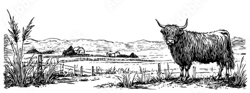 Landscape with Highland cattle grazing amidst rolling hills and distant farmhouses in a serene countryside setting