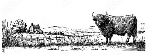 Engraved illustration of a highland cow in a serene countryside setting at dawn