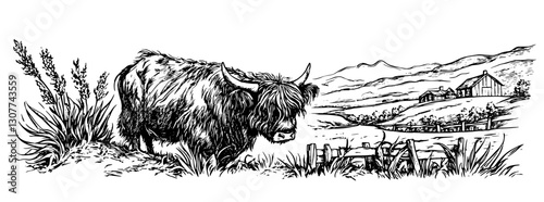 Engraved Highland Cow in Scenic Pastoral Landscape with Rustic Farmhouses and Majestic Mountains