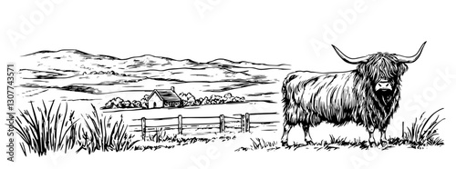 Highland cow grazing near a rustic farmhouse in a serene landscape with rolling hills and gentle pastures