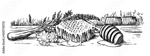 Sweet harmony of nature's bounty featuring honeycomb beeswax surrounded by fresh flowers and natural elements