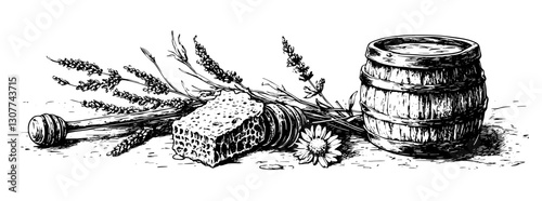Engraved illustration of rustic bee products on a wooden table with flowers and herbs in a serene countryside setting