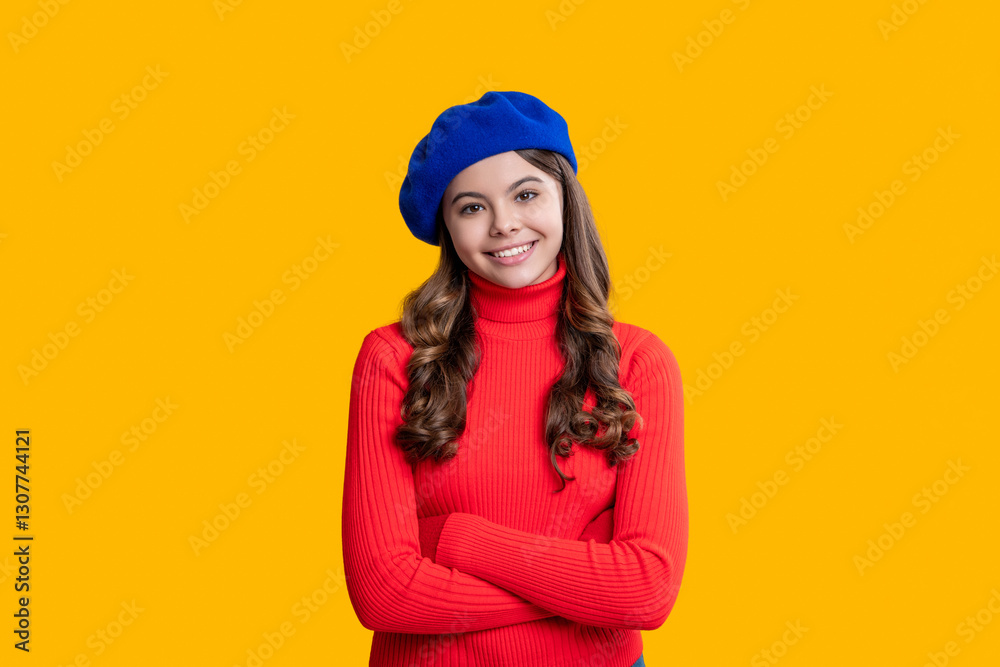 Fall fashion style for teen. Trendy portrait of fall style. Girl in autumn coat isolated on yellow. Teen girl wear beret. Autumn fashion girl. Trendy and stylish teenager girl smiling. Style trends Fall fashion style for teen. Trendy portrait of fall style. Girl in autumn coat isolated on yellow. Teen girl wear beret. Autumn fashion girl. Trendy and stylish teenager girl smiling. Style trends