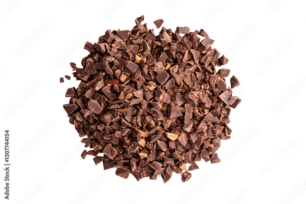 Pile chopped, milled chocolate placed on white or transparent background, top view Pile chopped, milled chocolate placed on white or transparent background, top view