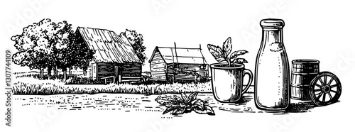 Engraved illustration of a rustic farm with fresh herbs, a bottle, and a charming countryside landscape
