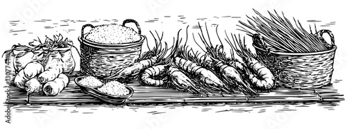 Exploration of seafood delicacies with fresh ingredients displayed in traditional baskets