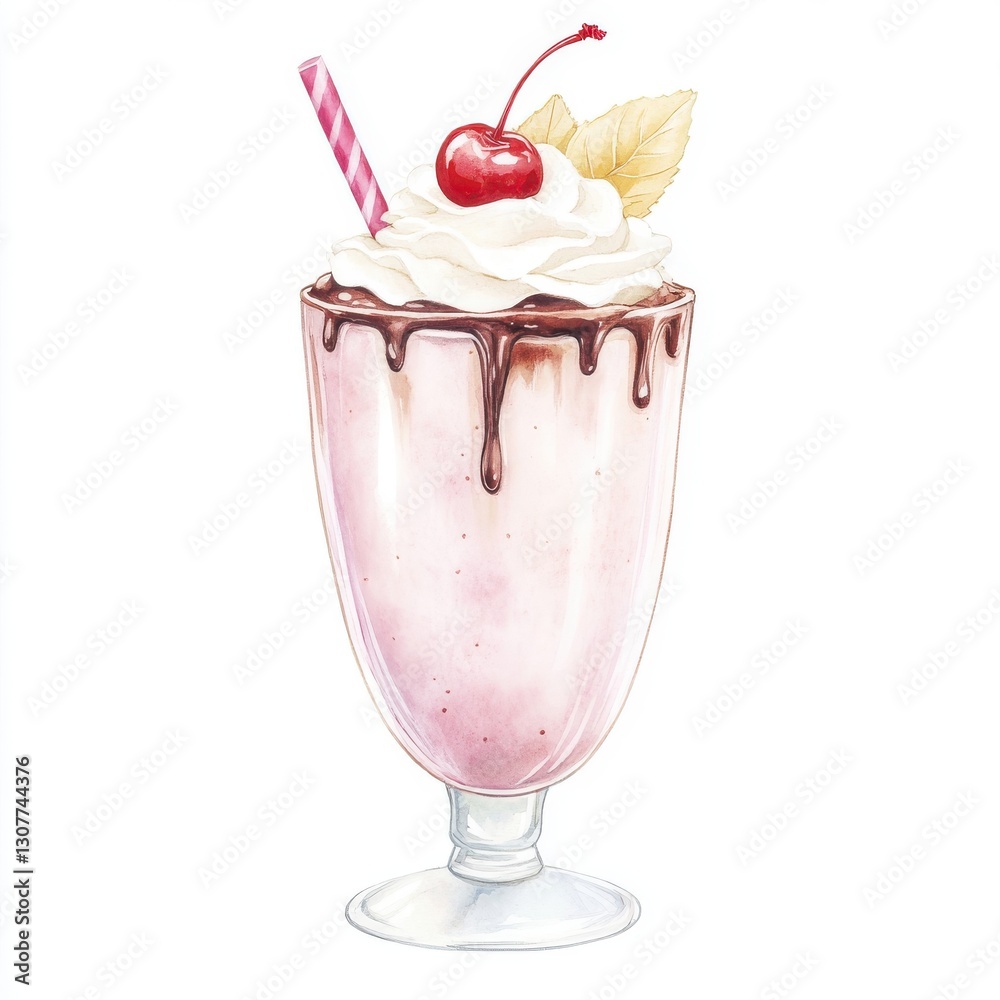 Cherry Topped Delightful Pink Milkshake With Cream Drizzle and Straw Artistic Food Illustration Cherry Topped Delightful Pink Milkshake With Cream Drizzle and Straw Artistic Food Illustration
