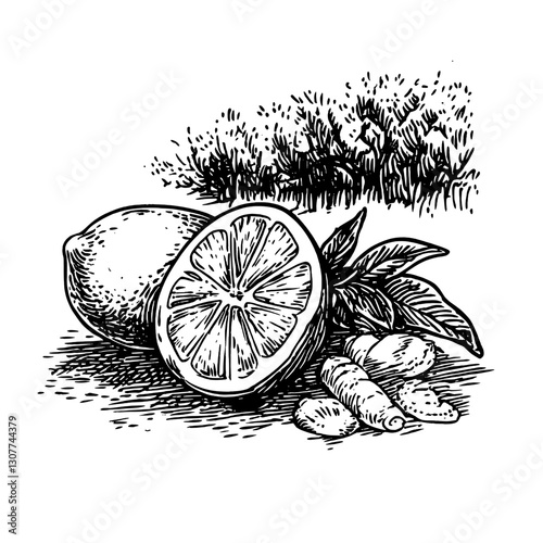 Fresh lemon and ginger display with detailed engravings showcasing nature's bounty in a serene setting
