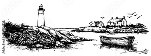 Engraved coastal scene featuring a lighthouse, quaint houses, and a fishing boat at dusk by the rocky shoreline