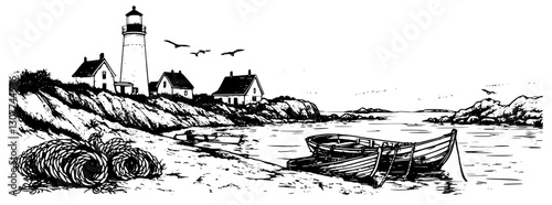 Artistic engraving of a serene coastal landscape featuring a lighthouse and fishing boats at dusk