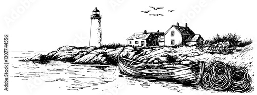 Lighthouse standing tall by the rocky shore with a boat and coastal cottage in an elegant engraved design