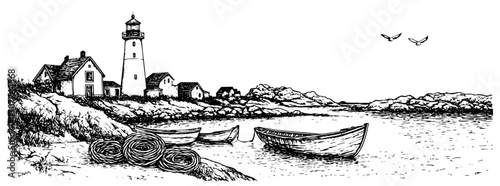 Engraved coastal harbor featuring a lighthouse, fishing boats, and rocky shores under a serene sky