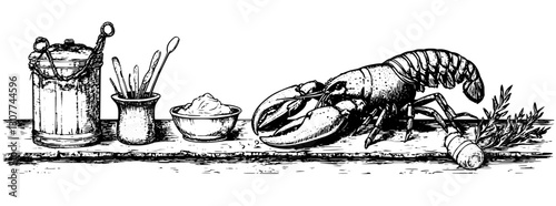 Engraved illustration showcasing a lobster alongside cooking implements and garnishes on a rustic wooden table