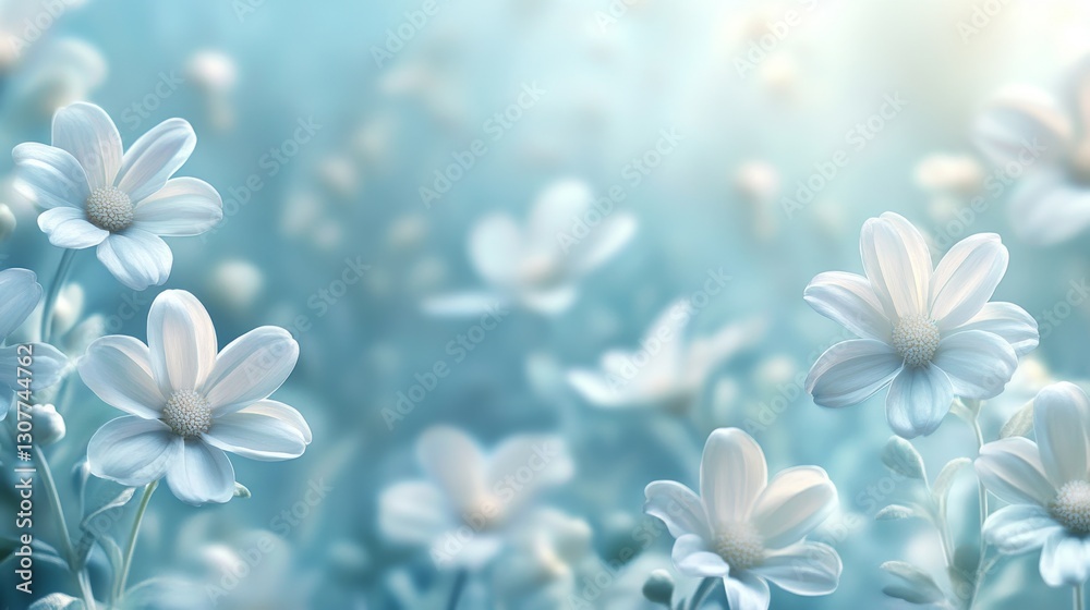 Fototapeta premium Soft dreamy white flowers in blue background