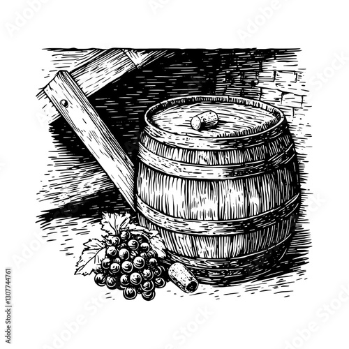 Engraved illustration of a rustic wooden barrel beside fresh grapes in a charming cellar