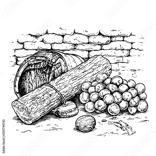Engraved vector illustration of a rustic cellar showcasing various wooden and stone utensils among round objects