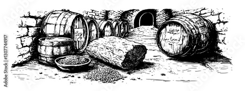 Engraved illustration of an ancient cellar with barrels and rustic elements in a warm ambiance