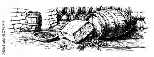 Engraved illustration of a rustic cellar featuring barrels, cheese, and grains in a charming vintage style