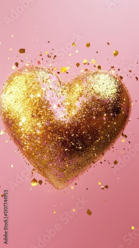 Bright golden heart shape surrounded by sparkling glitter on a pink background