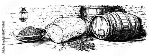 Illustrative engraving of traditional brewing supplies showcasing grains, barrels, and a stone in a rustic setting
