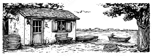 Rustic lakeside cabin with serene waters and a fishing boat at dusk