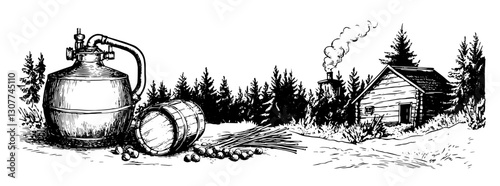 Engraved illustration of a rustic distillery amidst a dense forest landscape at dusk