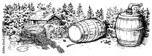 Engraved illustration of rustic still life featuring barrels, wooden cabin, and harvested crops surrounded by forest