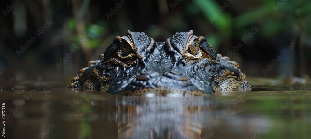 Obraz premium Caiman Stealthily Submerged in Murky River, Eyes and Nostrils Above Water