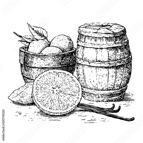 Engraved illustration of fresh fruits and vintage barrels with a rustic charm in a quaint kitchen setting
