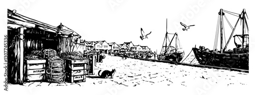 Engraved portrayal of a bustling harbor with vendors, boats, and activity on a lively waterfront