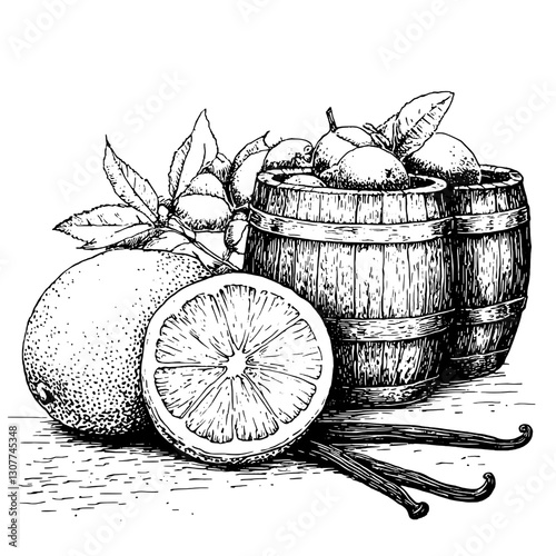 Engraved illustration of rustic barrels surrounded by fresh citrus fruits and vanilla beans in a serene kitchen setting