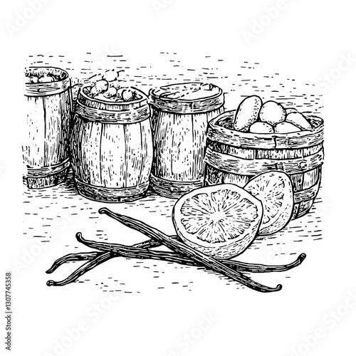 Engraved illustration depicting wooden barrels filled with various fruits and spices along with lemon and vanilla beans in a rustic setting