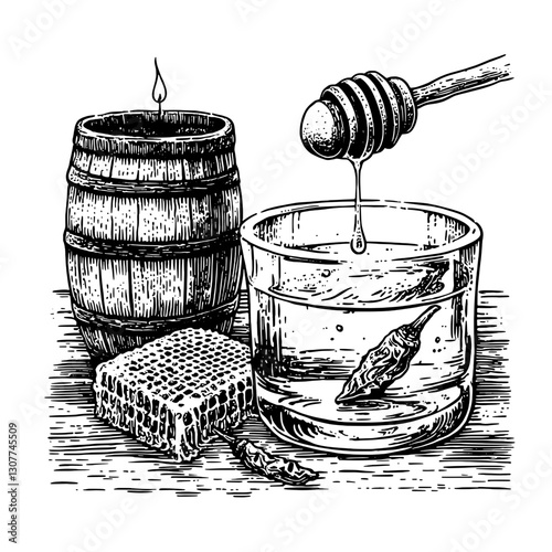 Elegant still life of honey and bee products featuring a honey dipper, beeswax, and rustic barrels