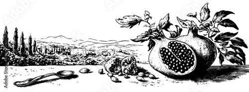 Engraved illustration depicting pomegranates in a tranquil landscape with ancient ruins under a bright sky