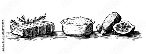 Artistic portrayal of a rustic cheese platter garnished with herbs and fresh fruits presented on a wooden table