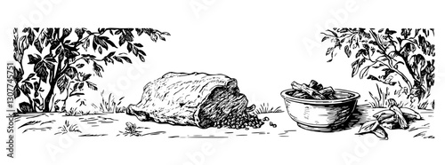 Engraved illustration depicting a tranquil garden setting with a stone and a potted plant basking in soft sunlight