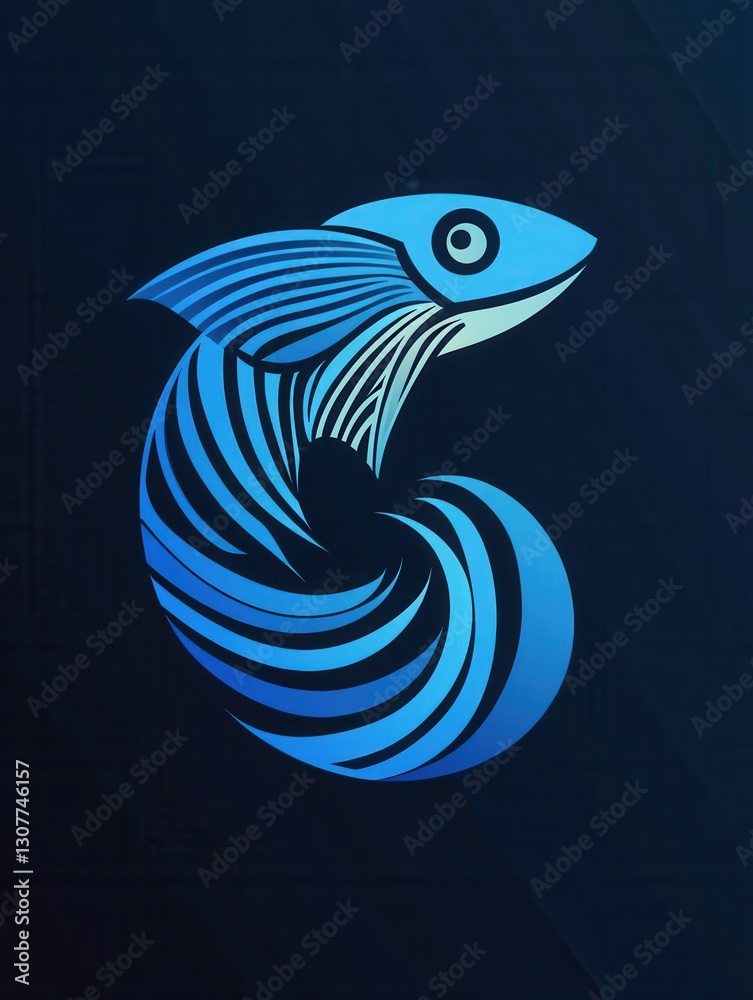 Fototapeta premium Minimalist fish logo featuring wave patterns in cool blue tones expressing an aquatic theme Generative AI