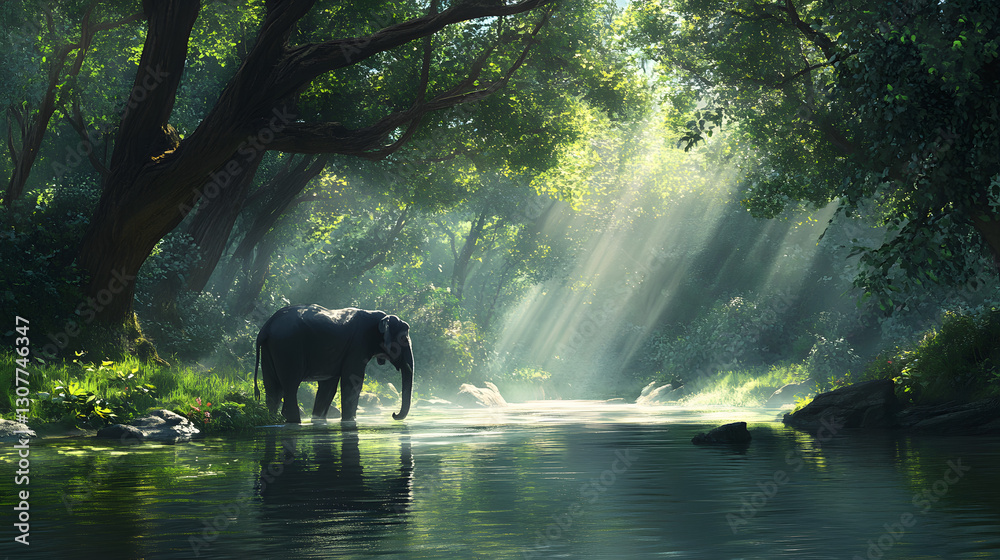 Naklejka premium A majestic elephant standing in the river 
